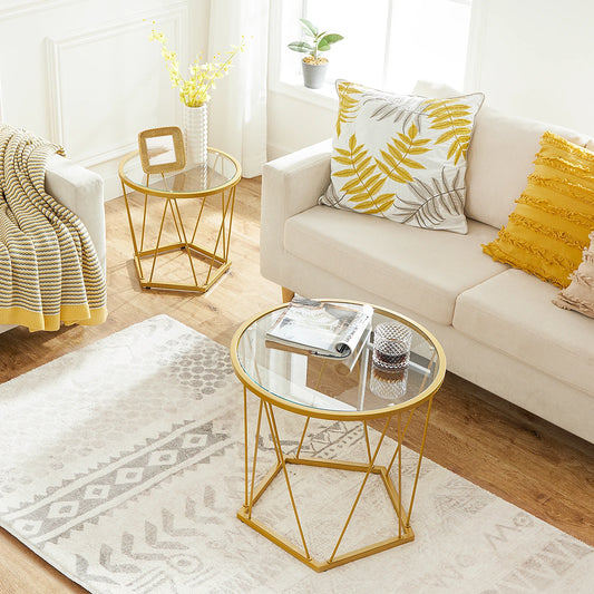 Set of 2 Coffee Tables Round with Gold Metal Frame Glass Top