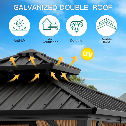 Durable Aluminum 10x10 Outdoor Gazebo with Permanent Roof, Curtains, and Mosquito Netting