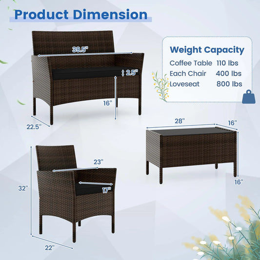 4 PCS Patio Furniture Made With PEWicker, Washable Cushions, Tempered Glass Tabletop