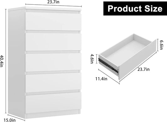 White 5 Drawer Dresser for Bedroom, 15" D x 23.7" W x 40.4" H in Simply Modern Chest of Drawers