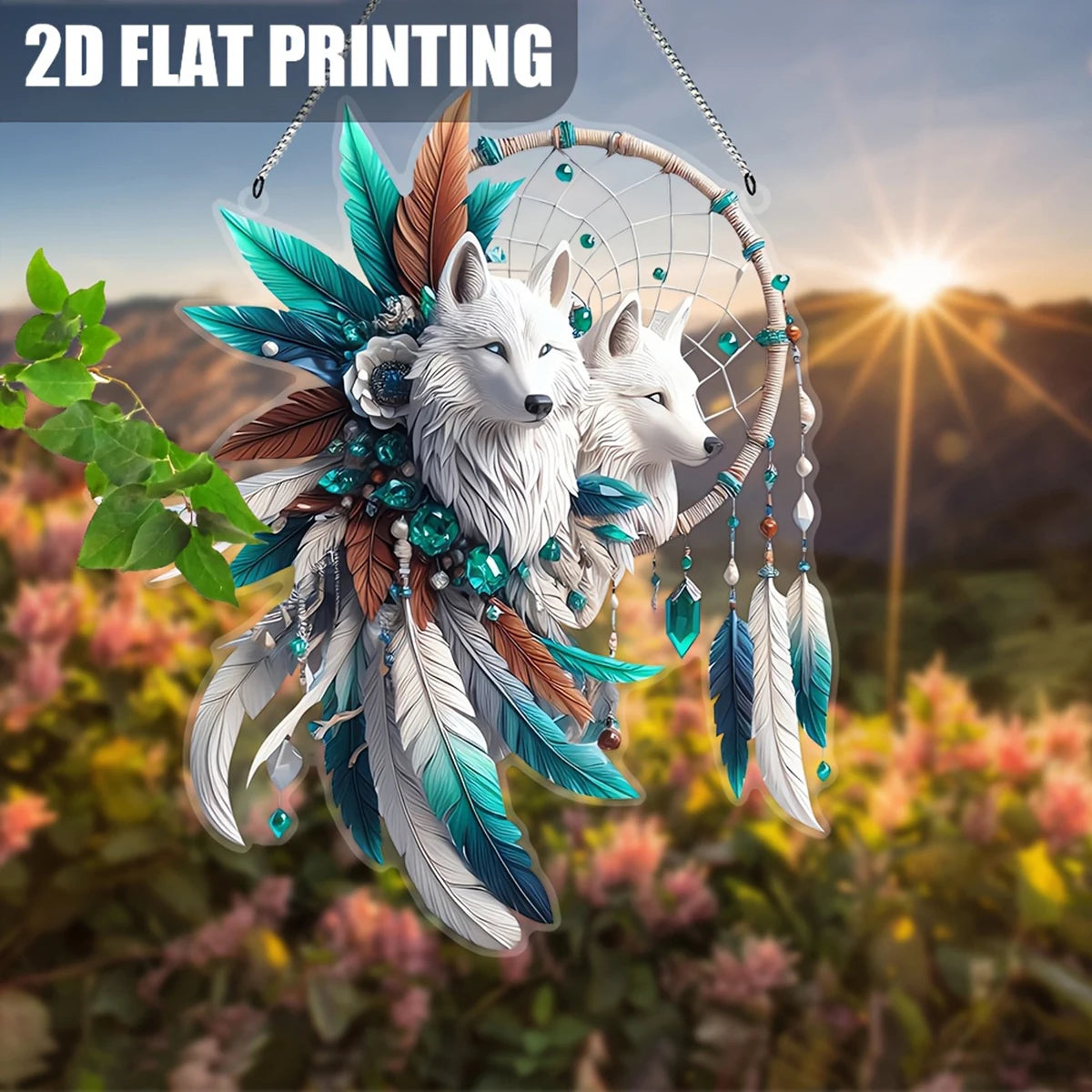 Bohemian Style Dream Catcher With Wolf And Feather Design Handmade Hanging Decoration