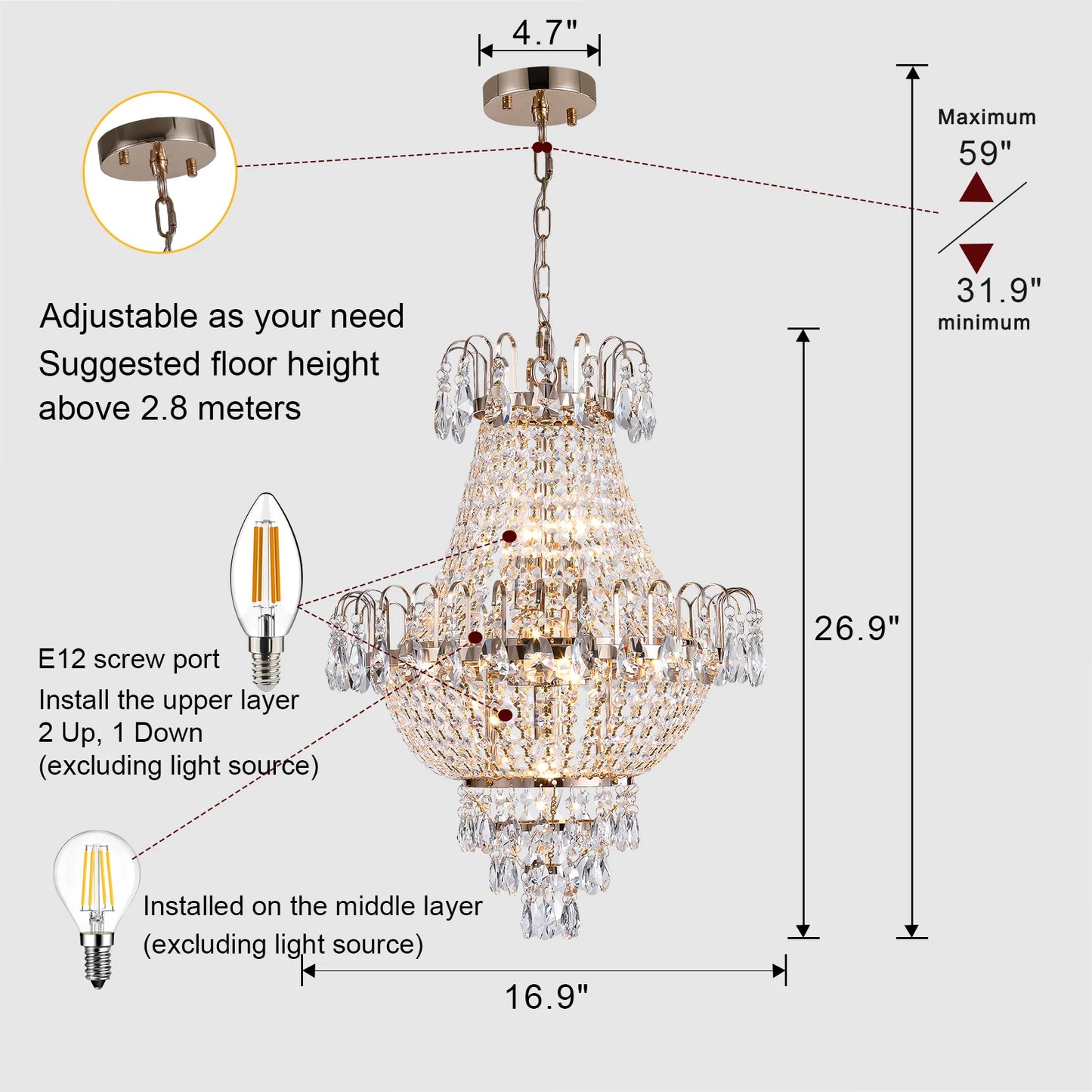 Luxury Gold Crystal Chandelier Ceiling Light for Living Room Dining Room Hallway