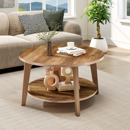 JHK 32 Inch Wood Round Coffee Table 2-Tier Center Counter with Storage Anti-Slip Feet