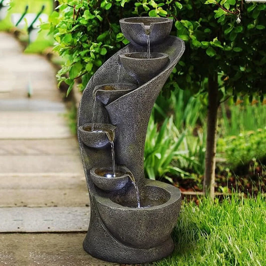 Outdoor Garden Fountain 23.6in 6 Bowls Curved Design Waterfall Decor LED Lighted Indoor Outdoor