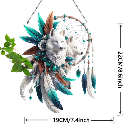Bohemian Style Dream Catcher With Wolf And Feather Design Handmade Hanging Decoration