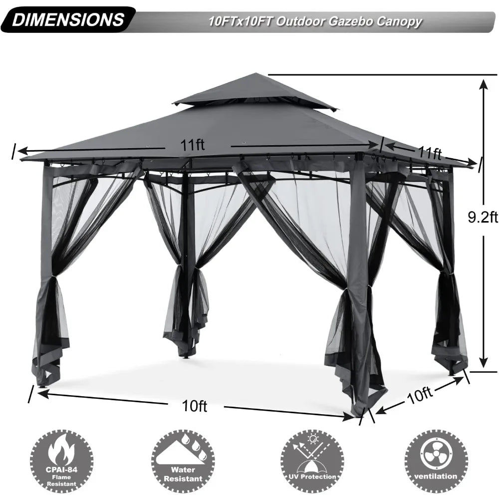 Gazebo for Patios 10x10 Foot - Outdoor Steel Frame With Mosquito Netting for Lawn Backyard Garden Deck