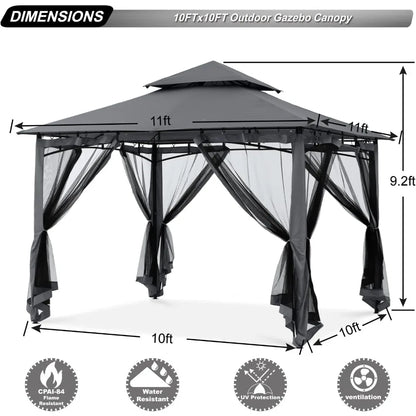 Gazebo for Patios 10x10 Foot - Outdoor Steel Frame With Mosquito Netting for Lawn Backyard Garden Deck