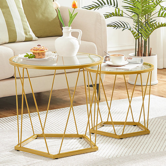 Set of 2 Coffee Tables Round with Gold Metal Frame Glass Top