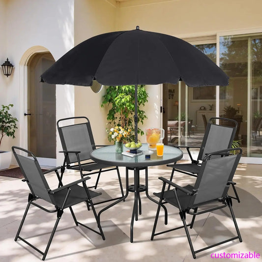 6 Piece Folding Patio Dining Set, Small Metal Outdoor Garden Patio Table and Chair Set With Umbrella