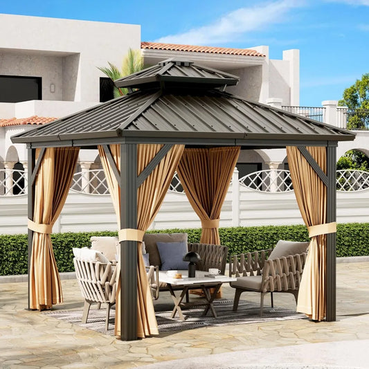 Durable Aluminum 10x10 Outdoor Gazebo with Permanent Roof, Curtains, and Mosquito Netting