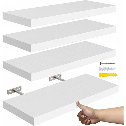 Floating Wall Shelves Set of 4 Rustic MDF Storage Shelving Easy Installation Space Saving