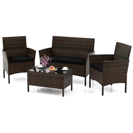 4 PCS Patio Furniture Made With PEWicker, Washable Cushions, Tempered Glass Tabletop