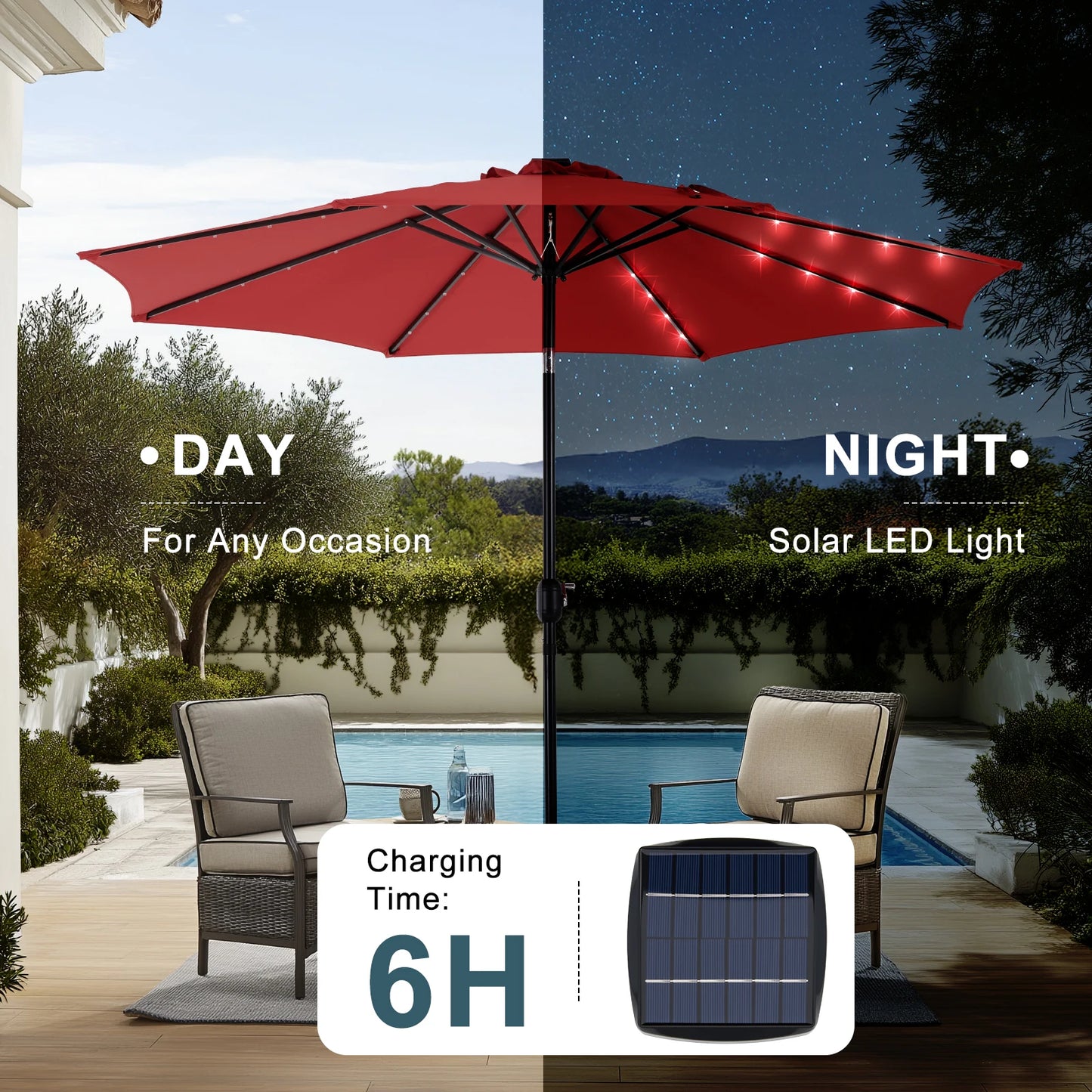 JHK 10FT Solar Patio Umbrella with 32 LED Lights UV-Resistant Outdoor Table Umbrella with Tilt and Crank for Backyard Garden