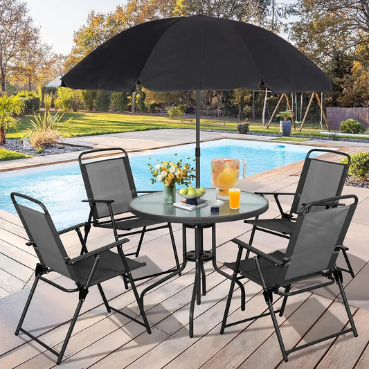 6 Piece Folding Patio Dining Set, Small Metal Outdoor Garden Patio Table and Chair Set With Umbrella